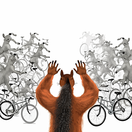 vector design from behind a squirrel, arms raised, looking out at a crowd of other squirrels and bicycles, white background, bicycle rim border, syracuse ny setting, hd, pixar style,