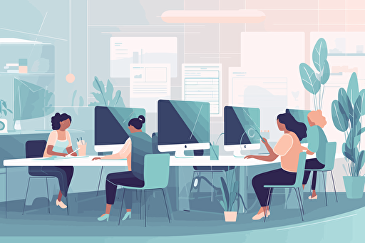 A vector illustration of a team of happy diverse people working together in a modern bright office.