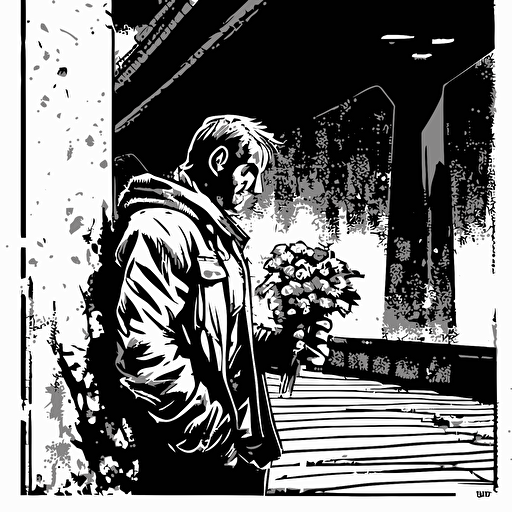 line without shadow, hatching, black and white, vector, sharp image. like sin city, homeless man under a bridge handing flowers to passersby
