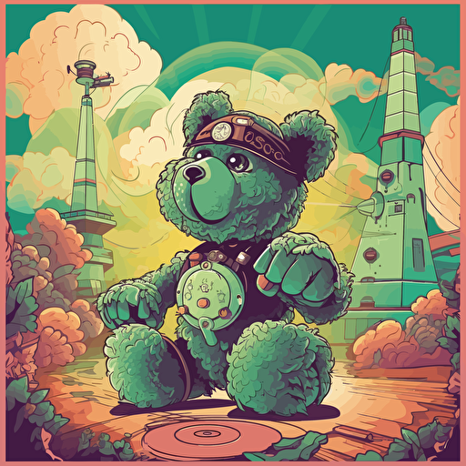futuristic teddy bear smoking marijuana that is wrapped in a hemp leaf with a edible factory in the background, marijuana plants in the background, candy machines, vector art,