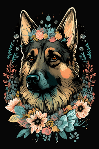 dog German Shepherd, flowers, boho color, Timba Smits style, vector, 2d,