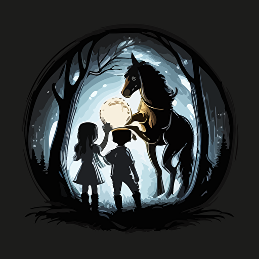 hand-drawn cartoon vector image in the style of "My little ponies", fantasy setting picture of 10 year old boy with a 10 year old girl in the woods at night and the girl is holding her hand out with glowing orb floating above her hand and their clothes should be like something from Lord of the Rings