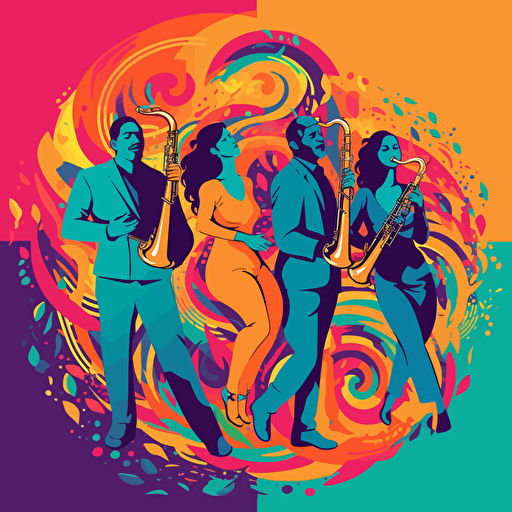 vector illustration of a saxophone player with a happy couple dancing around him, in vivid colors