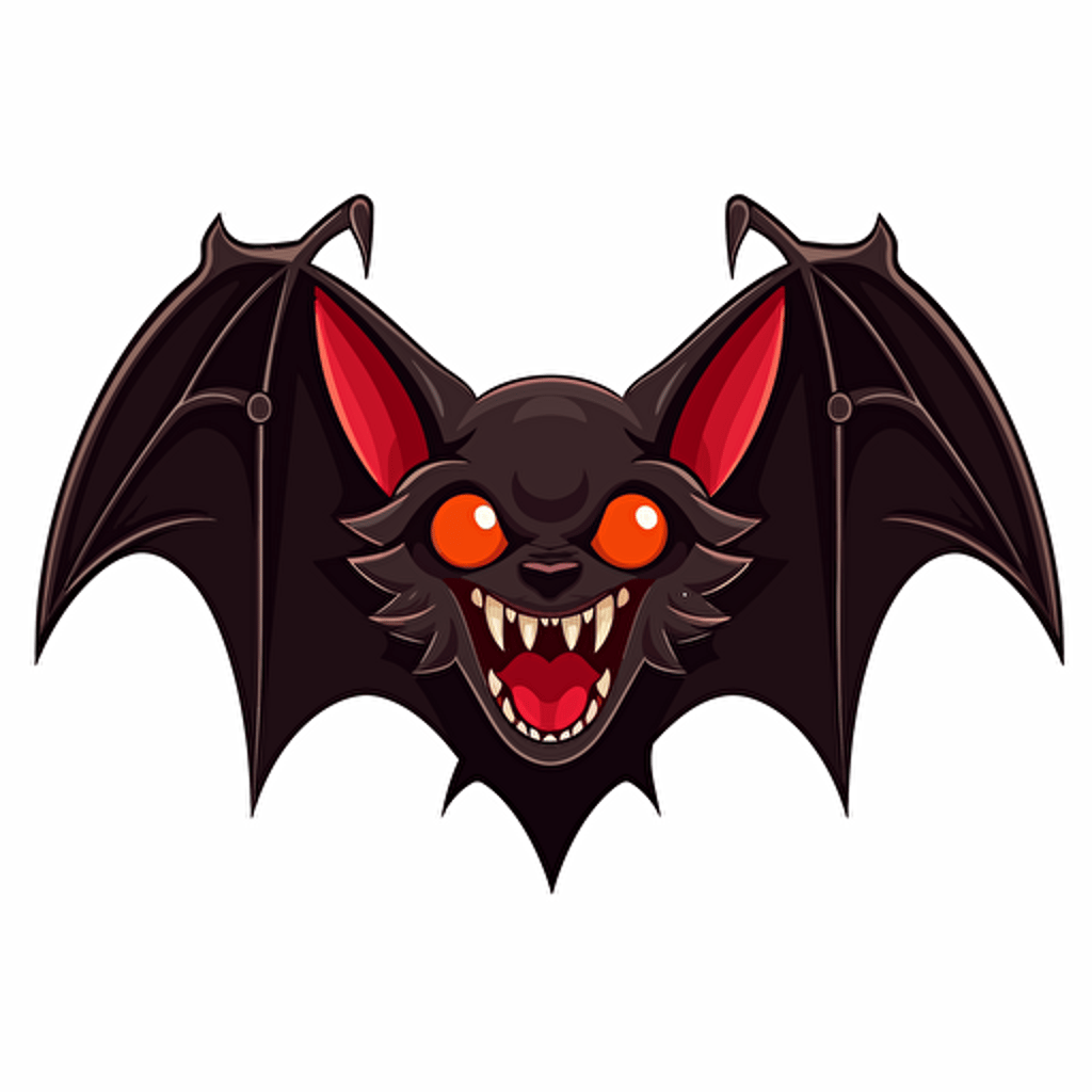 vector illustration of a black bat with wide, outstretched wings, perfectly proportioned wings, the bat's eyes are crimson red, the mouth reveals fangs::