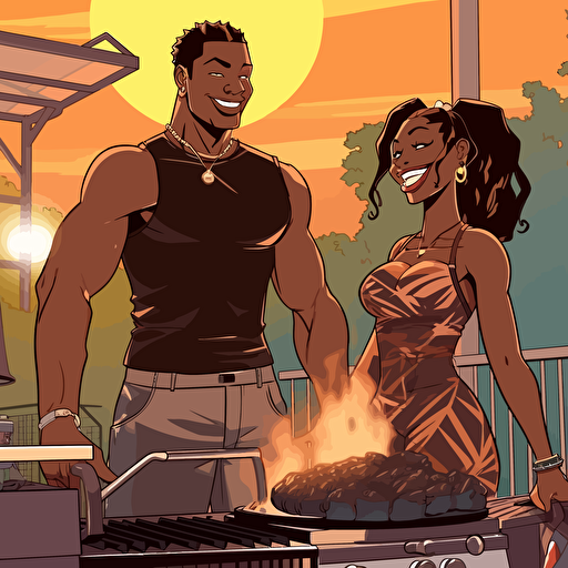 dojinshi manga style, ecchi, black flirty couple, summer BBQ ,black busty lady wearing a bikini, black man extremly muscular, laughing, flirty, sexy, they stand confidently in front of a grill, iconic, Atlanta, Georgia, warm and earth tones, vector, high res, art directed by Art Paul, 9:16