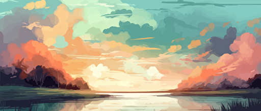 nice calm weather, water color landscape paiting style, few clouds, horizonline, low angle, vector illustration style