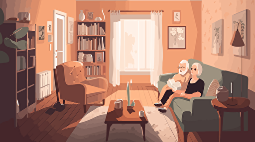vector art, cute cosy livingroom, elderly couple sitting on the sofa reading a photobook, central perspective, illustrator, after effects, reduced color palette