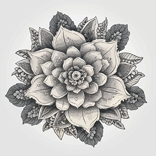 a black and white drawing of a flower, a detailed drawing, inspired by Tawaraya Sōtatsu, shutterstock, art deco, silver and muted colors, vector illustration, colorful mandala, car, 2 0 5 6 x 2 0 5 6, on a gray background, cartoon style illustration, pearl, cotton, pentagon, organic ornament, gong, without text