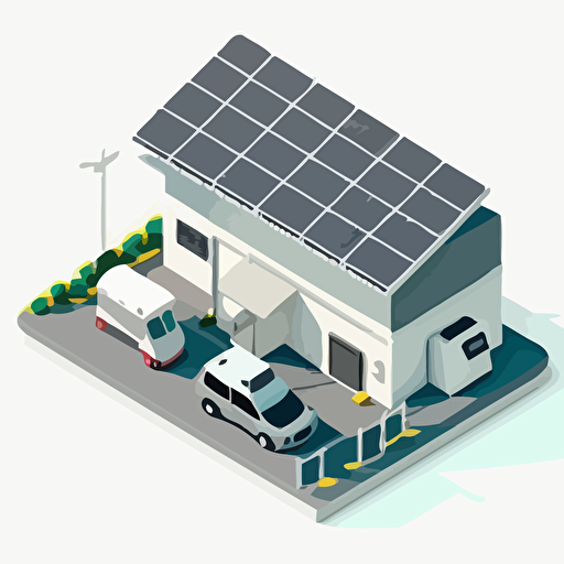 simple vector drawing, single color car repair shop with photovoltaic panels on the roof, white background, isometric view