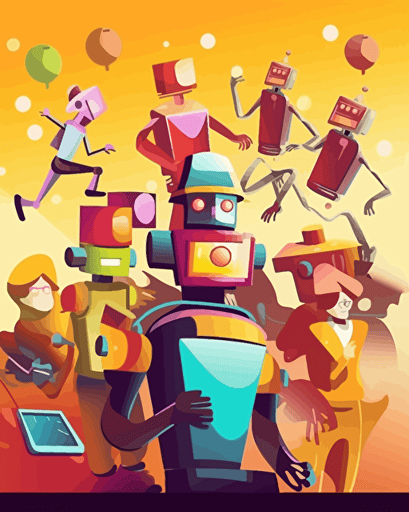 AI-powered robots engaging in a playful interaction with people, cartoon style, vector art, bright colors, 2D,