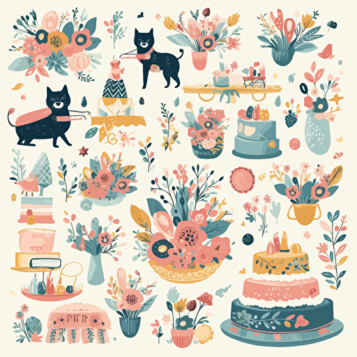 Print illustration of flower bouquets, Mothers, birthday cake and presents and pets and birthday scenes by GrapeStudio, card collection vector set, creativemarket