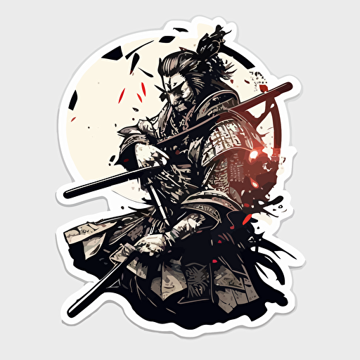 Samurai, Sticker, Happy, Textured, Street Art, Contour, Vector, White Background, Detailed