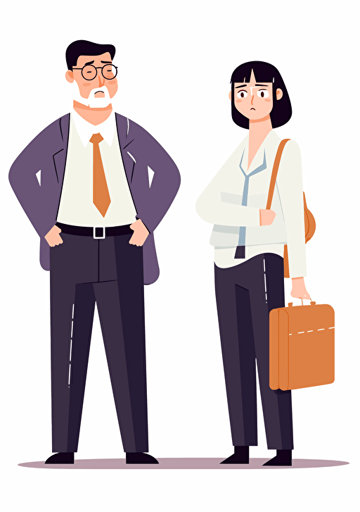 Two middle-aged South Korean office workers, one smiling and looking at another with an angry expression, dry and neat, white background, Artsy flat vector illustration