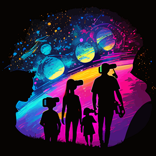 silhouette of a family overlooking a new universe with VR headsets on, vectorized, neon colors