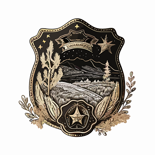 illustration vector design, Embroidered Sheriff Badge Patch, Western landscape, black and white, clean details, cartoon art style, isolated on white background, golden ratio