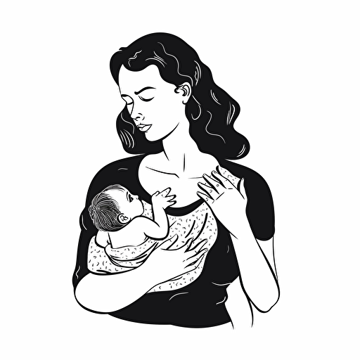 a stunning caucasian mother and her baby, the mother is nursing the baby in her arms closely against her large pectorals, black and white vector with strong contrast on a solid white background
