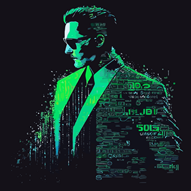 vector, finance bro in a suit, matrix code style, neon colors