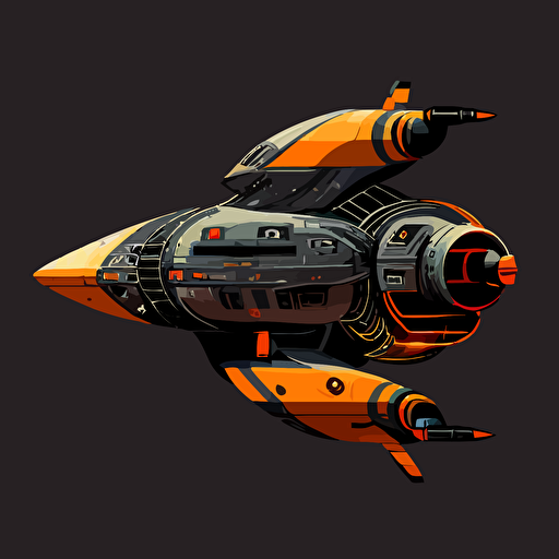 futuristic space ship, orange and grey, black background, minimalistic, vector