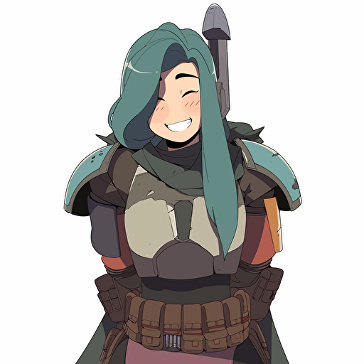 A beautiful female mandalorian, goofy looking, smiling, minimalistic, flat light, white background, vector art , pixar style