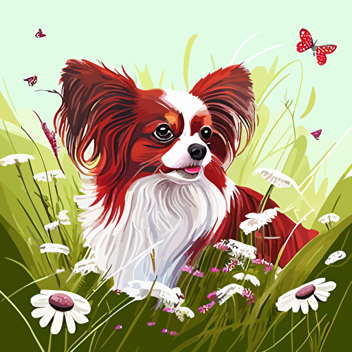 a red and white papillon dog playing in a field of wildflowers, vector art, whimsical, cartoonistic, white background