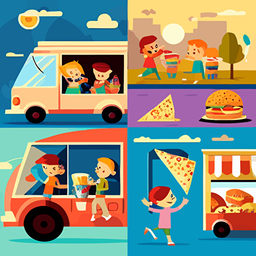 fast food, multiple angles ,children's book illustration style, simple, full color, flat color,vector