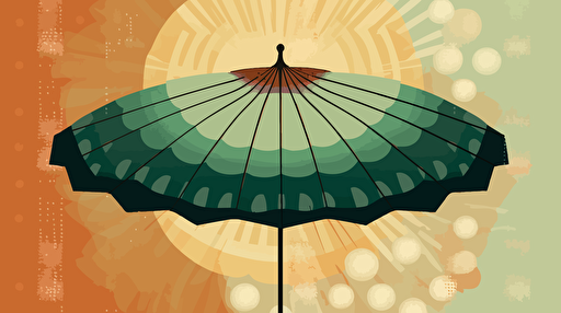 a postcard with an abstract representation of an umbrella, vector style, greenish background, green colours with warm tones