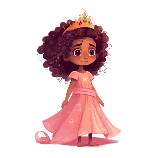 vector illustration of a cute, adorable, beautiful little mixed race girl princess, with wild curly hair, standing, wearing a beautiful pink long dress and a golden crown on her head, in vivid colors