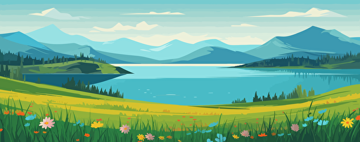 Cartoon flat panorama of spring summer beautiful nature, green grasslands meadow with flowers, forest, scenic blue lake, mountains on horizon background, mountain lake landscape vector illustration, limit colors, vector stylet, flat colors, minimal, svg style, no gradient