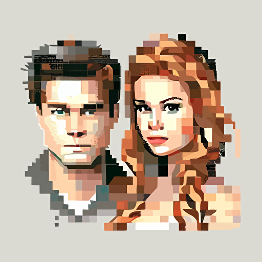 Vector illustration, a male and female couple, a cat raised together, pixelated style is preferred.