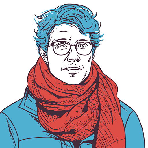 A man in a blue scarf with a red nose. Outline illustration with vector fills.