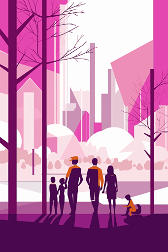 vector, minimalist, geometric, family, in front of the city of Nanterre in france, trees, orange, white,