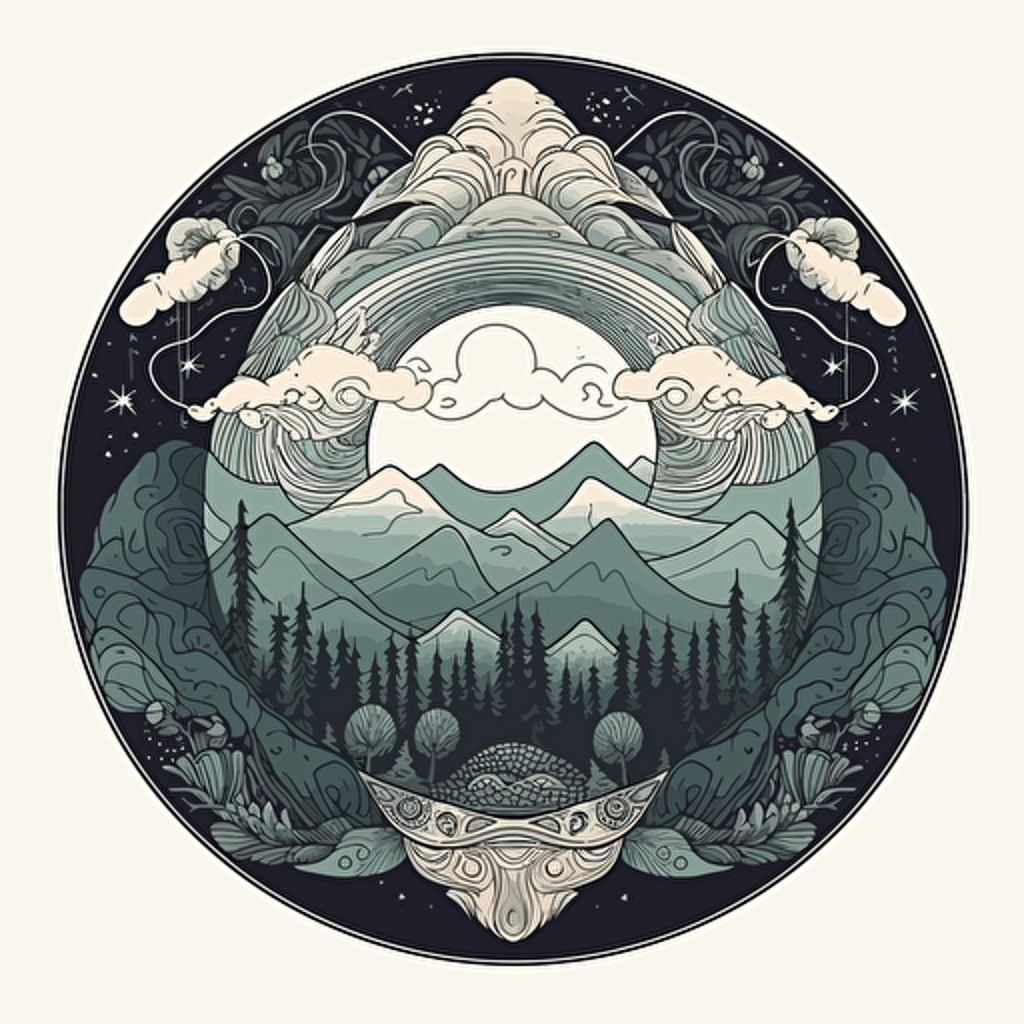 rolling distant mountains and sporadic giant trees, tiny campsite hidden, atmospheric clouds vector doodles ilustration minimalistic sacred geometry in a circular pattern, angelic, dynamic lighting,