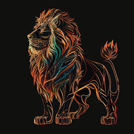 Lion, sticker, triumohant, neon, anime, contour, vector, black background, detailed