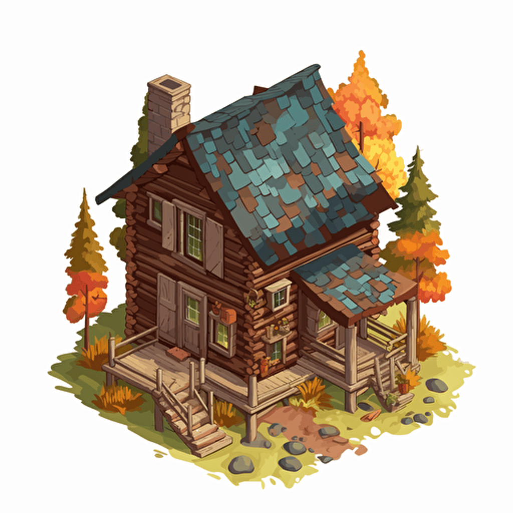 Cartoon vector style simple wooden hut, house of park ranger, isometric view, transparent background