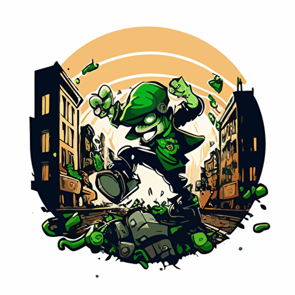 leprechaun breakdancing in the bad part of the city, vector logo, vector art, emblem, simple cartoon, 2d, no text, white background