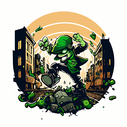 leprechaun breakdancing in the bad part of the city, vector logo, vector art, emblem, simple cartoon, 2d, no text, white background
