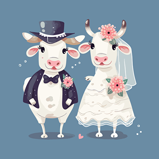 Vector art of a cow dressed as a bride and a cow dressed as a groom, in the style of Britta Teckentrup illustrations
