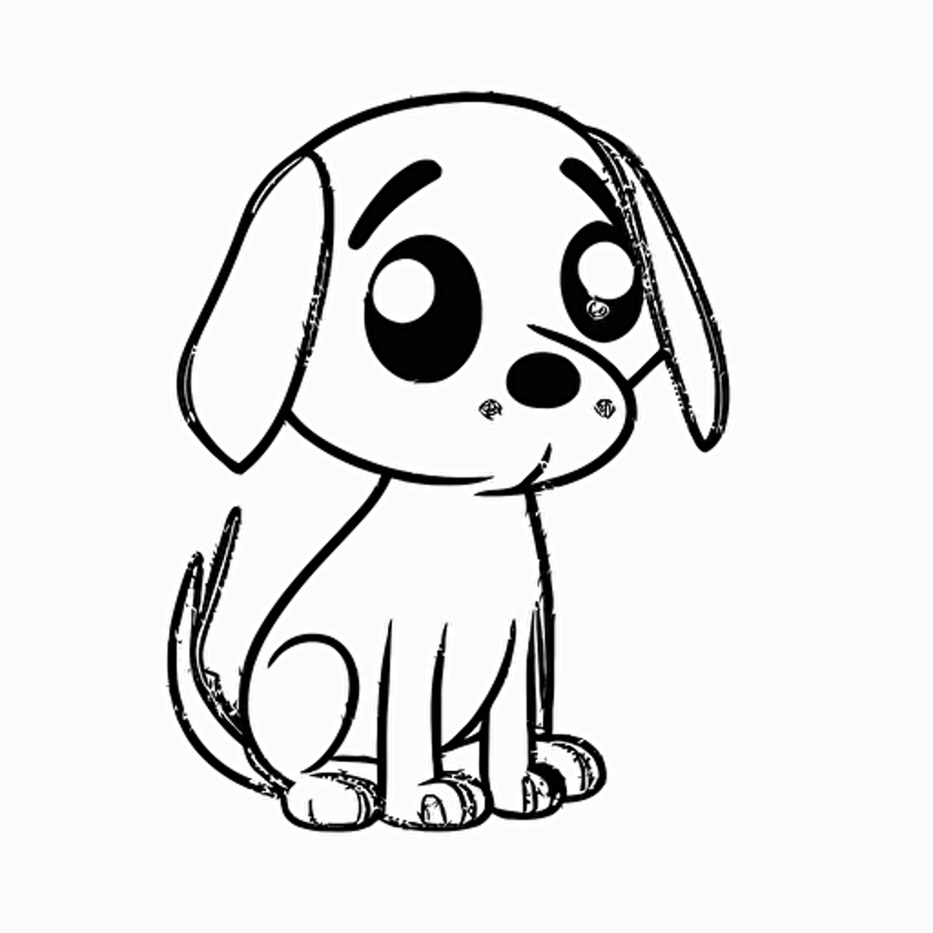 cute dog in farm, big cute eyes, pixar style, simple outline and shapes, coloring page black and white comic book flat vector, white background