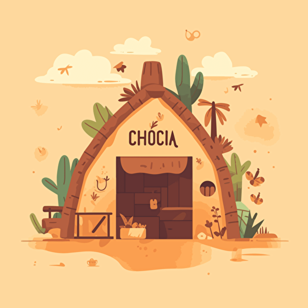 Flat vector logo for eco-friendly Mexican fast-food restaurant La Choza, featuring hut silhouette, earthy colors, sustainable symbols