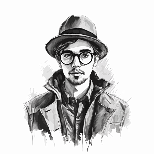 man with glasses using hat and black coat, doodle vector ilustration