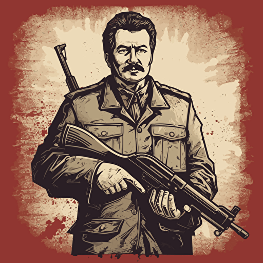 Stalin in Obey theme, holding AK47, vector, highly detailed, gritty