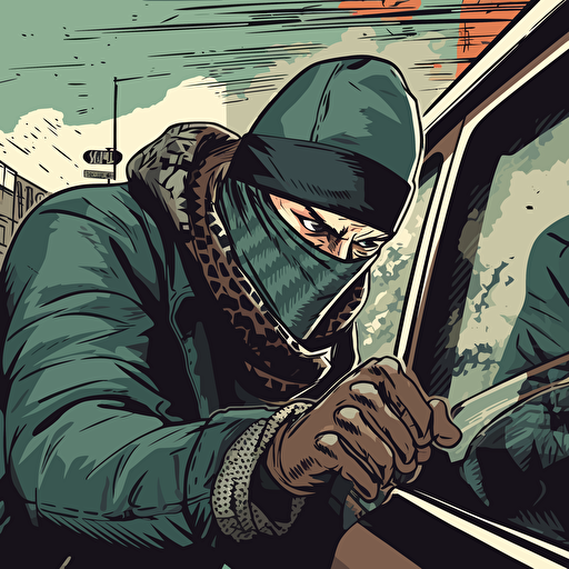 street level gangster, scarf covering his mouth, breaking into a car with a crowbar, vector art