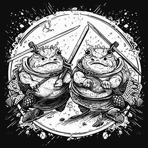 vector illustration poster of two fat toads sword fighting in neo expressionism art style, black and white only