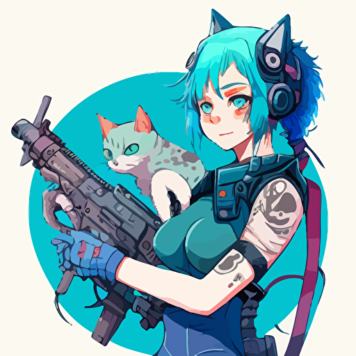 cute anime girl with blue hair, holding a Kriss vector gun, with a pet cyborg cat, cyberpunk styled drawn in a studio ghibli style