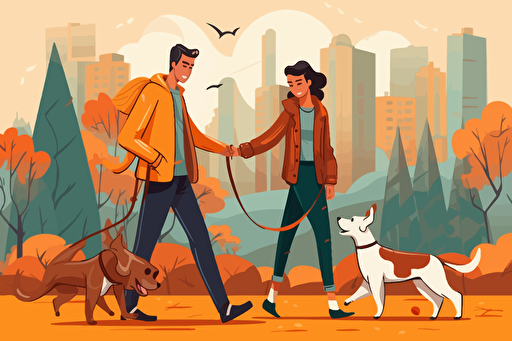 couple and friends walking with the dog in the park, free vector, in the style of 1960s, animated illustrations