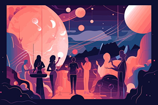 cool night club party on a fictional planet, vector art, flat colors, pastel colors, minimalistic,