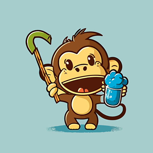 cartoon vector illustration of a dinopunk cute happy excited monkey holding up a thick straw