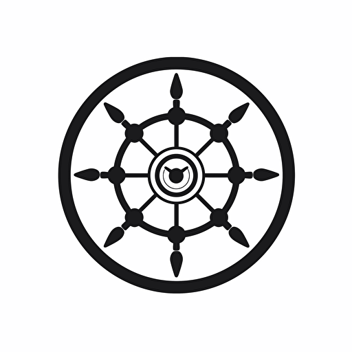a simple Black on white logo of a ship steering wheel, Flat vector logo