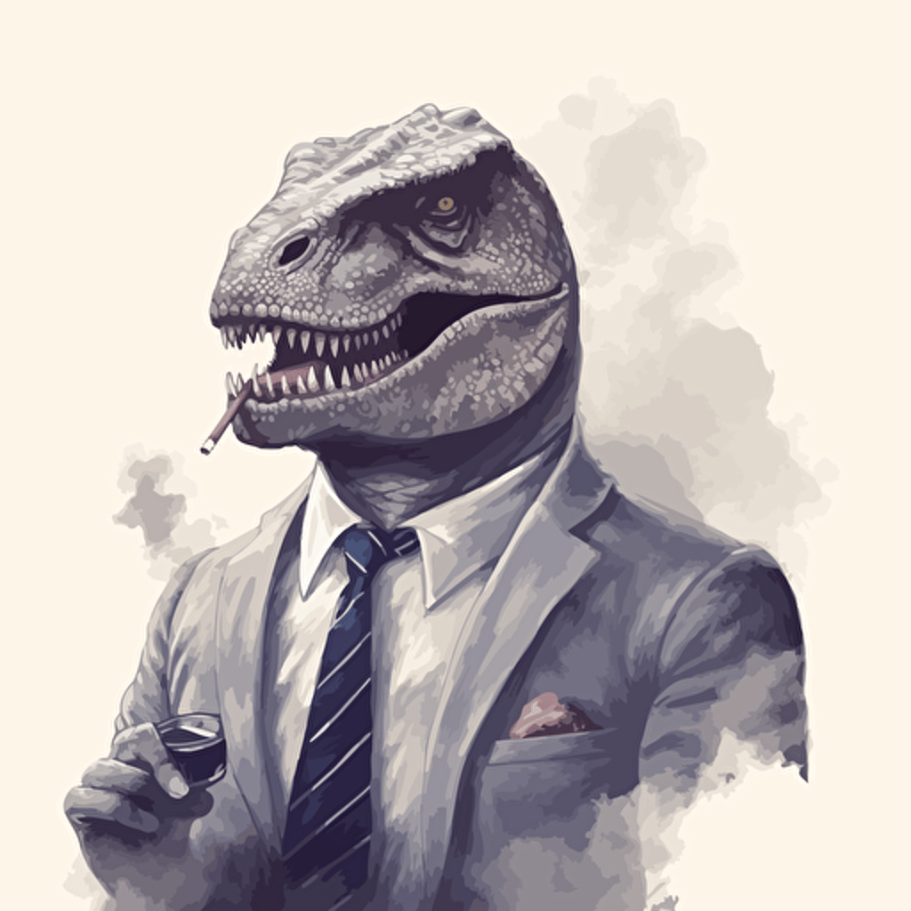 t-rex smoking a cigarette, wearing a business suit, vector art, 2d, grey tones