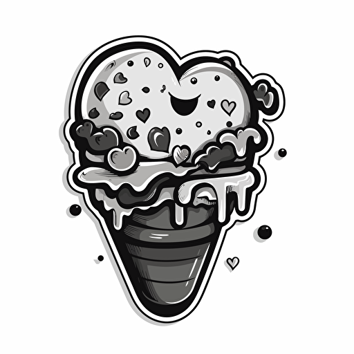 a cartoon style sticker, in black and white, showing an ice cream inside a heart, vector,